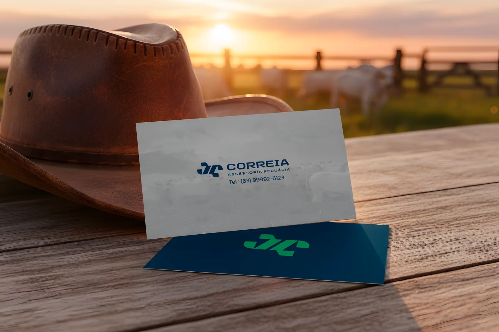 Cartão de visita físico com chapéu de couro ao pôr do sol