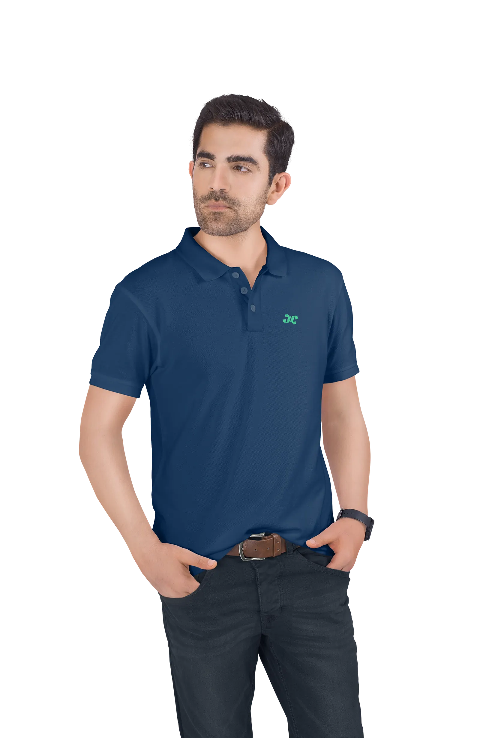 Camisa polo azul-marinho com a identidade da marca