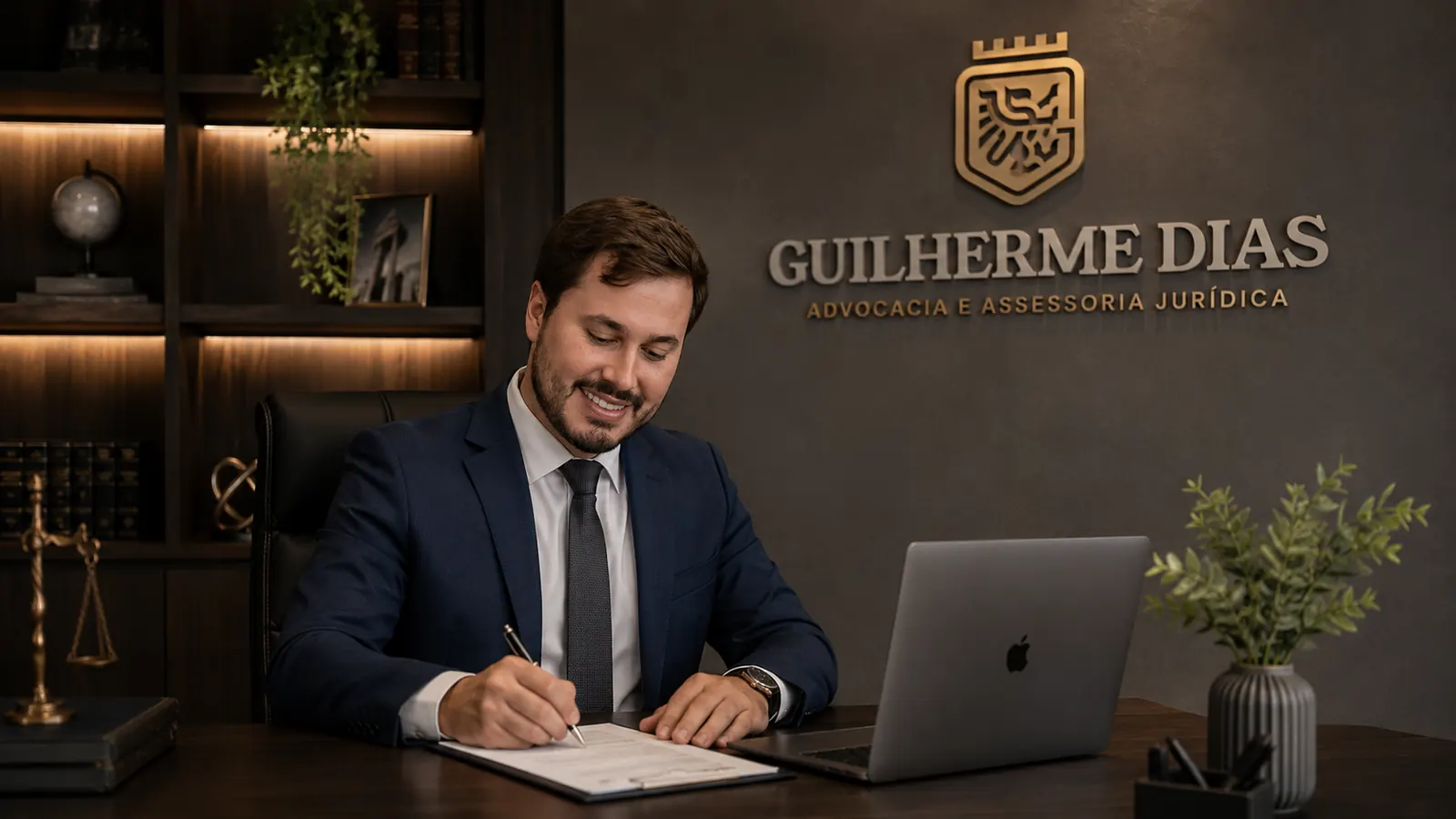Advogado na mesa do escritório, com a marca em relevo dourado na parede