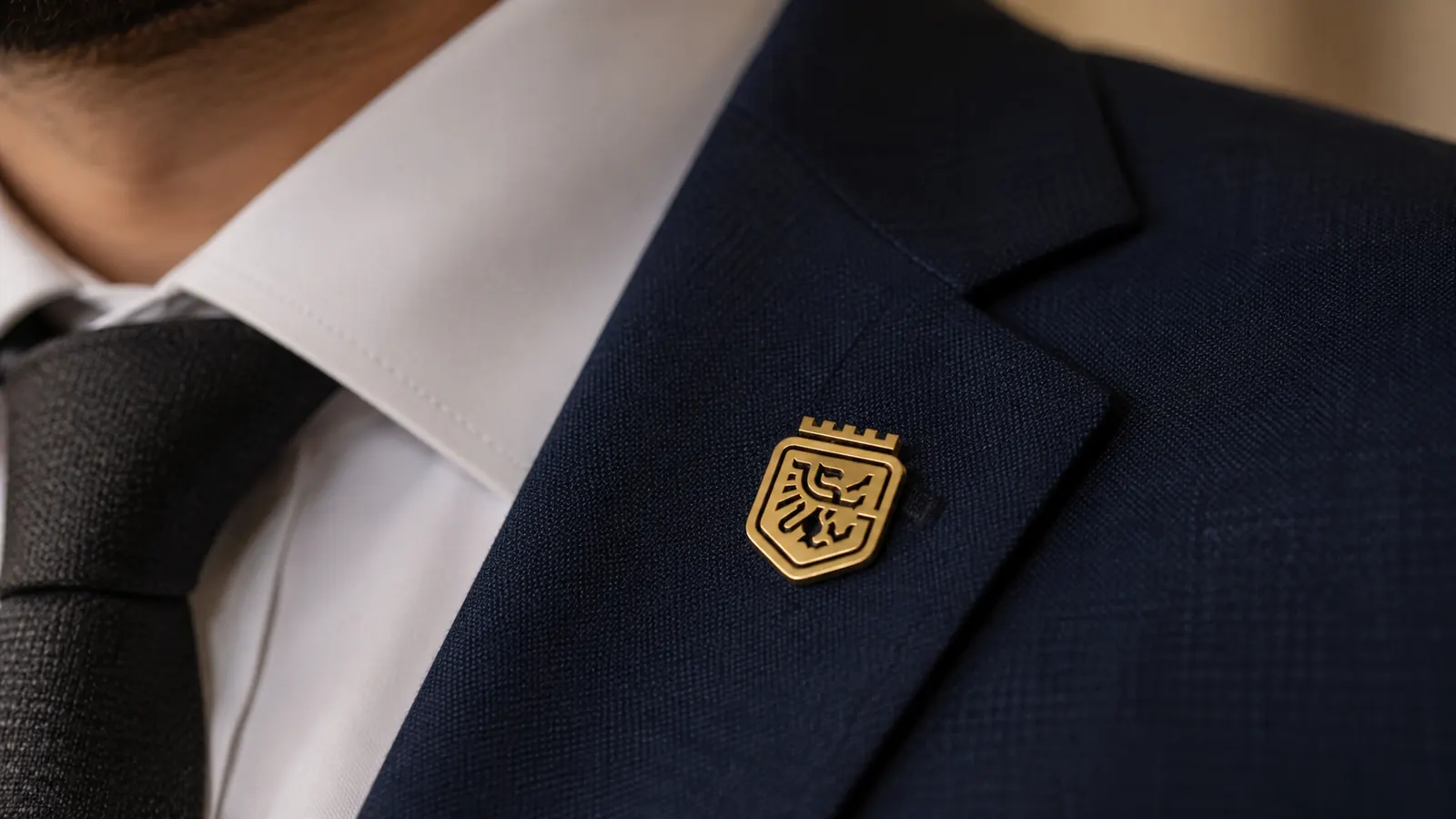 Pin dourado com o brasão na lapela do paletó