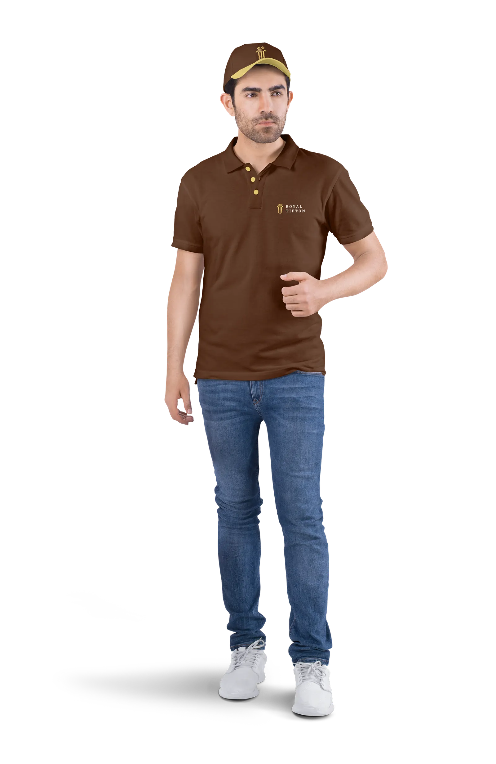 Uniforme completo: camisa polo e boné com a marca